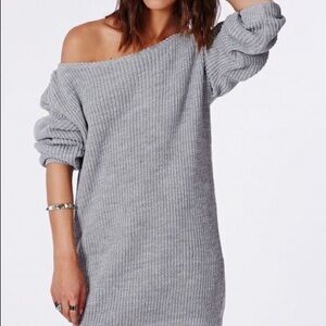 Missguided Gray Off-Shoulder Long Sleeve Dress
